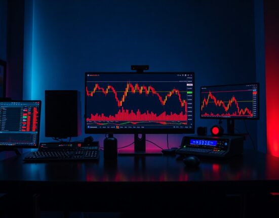 Trading desk with multiple screens showing Bitcoin price charts in decline with red indicators