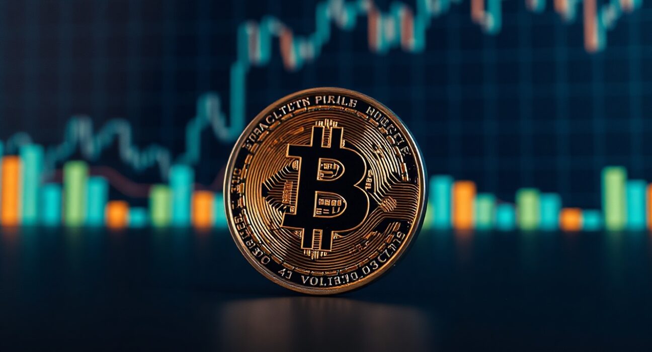 Bitcoin coin with blurred price chart in background, symbolizing market volatility.