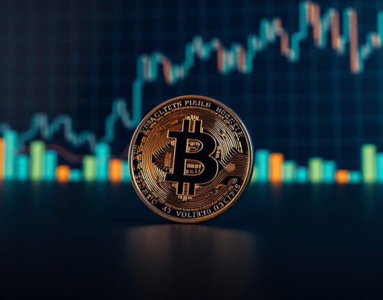 Bitcoin coin with blurred price chart in background, symbolizing market volatility.