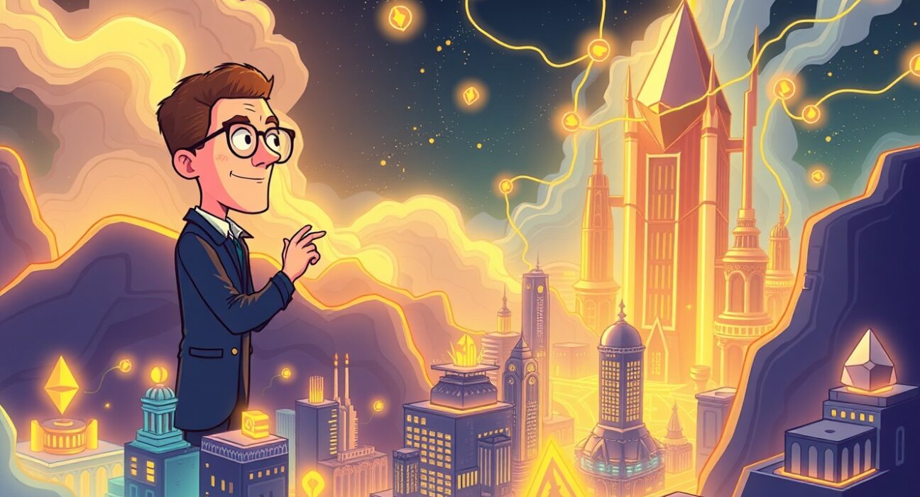 A cartoon illustration of Vitalik Buterin emphasizing safety for the Ethereum Fusaka upgrade, showing secure data flow and network scaling.