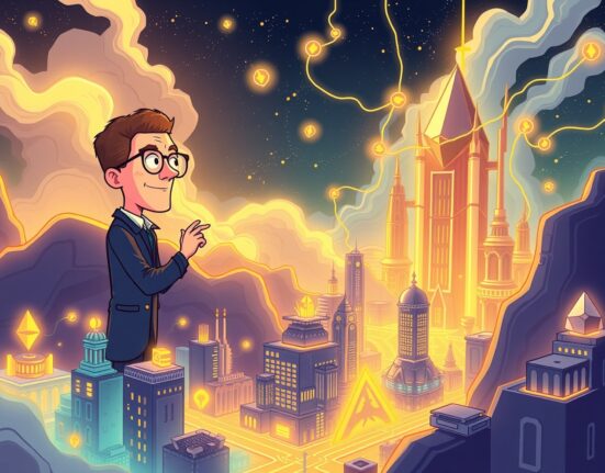 A cartoon illustration of Vitalik Buterin emphasizing safety for the Ethereum Fusaka upgrade, showing secure data flow and network scaling.