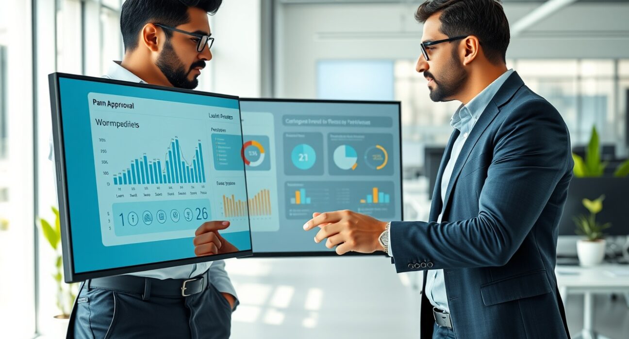 Fuse co-founders discussing AI loan origination system in a modern fintech office.
