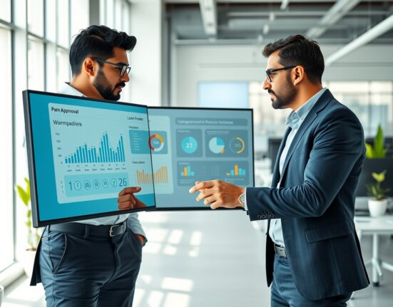 Fuse co-founders discussing AI loan origination system in a modern fintech office.