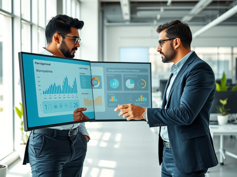 Fuse co-founders discussing AI loan origination system in a modern fintech office.