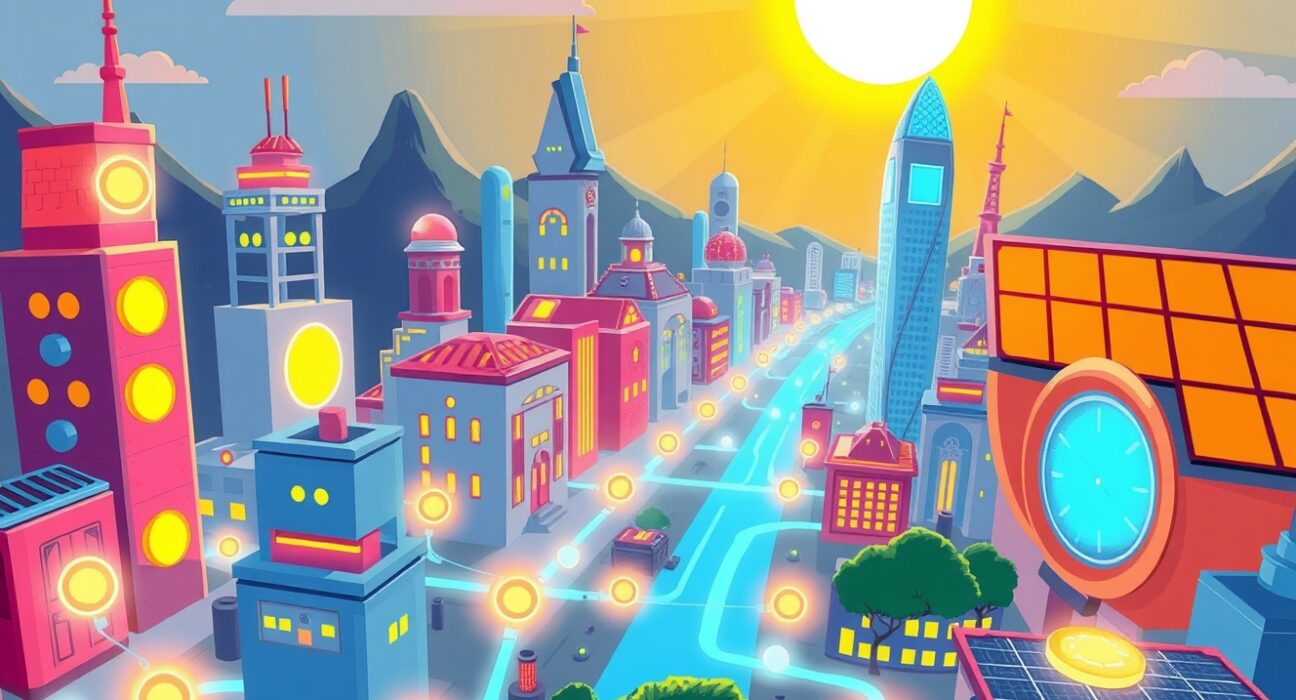 A vibrant cartoon illustrating the Fuse Energy decentralized power grid concept connecting homes and renewable sources.