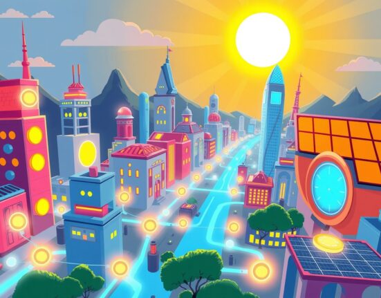 A vibrant cartoon illustrating the Fuse Energy decentralized power grid concept connecting homes and renewable sources.