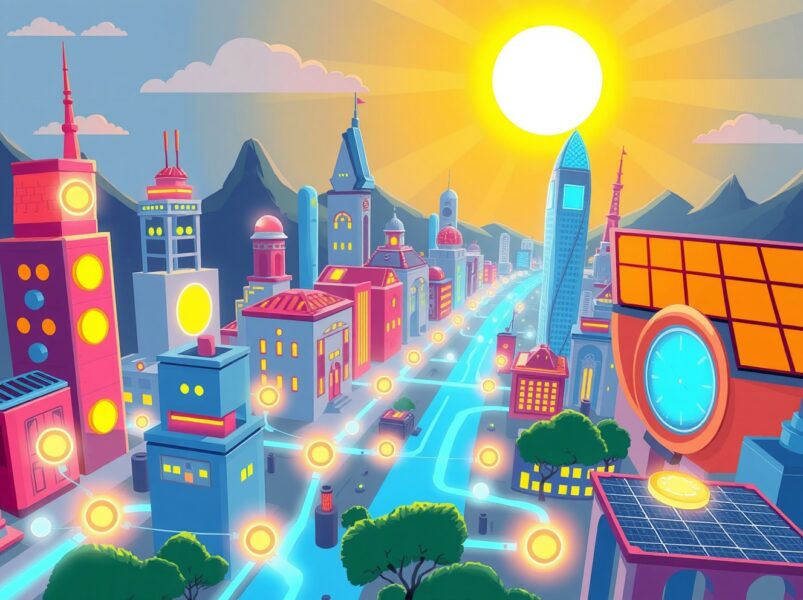 A vibrant cartoon illustrating the Fuse Energy decentralized power grid concept connecting homes and renewable sources.