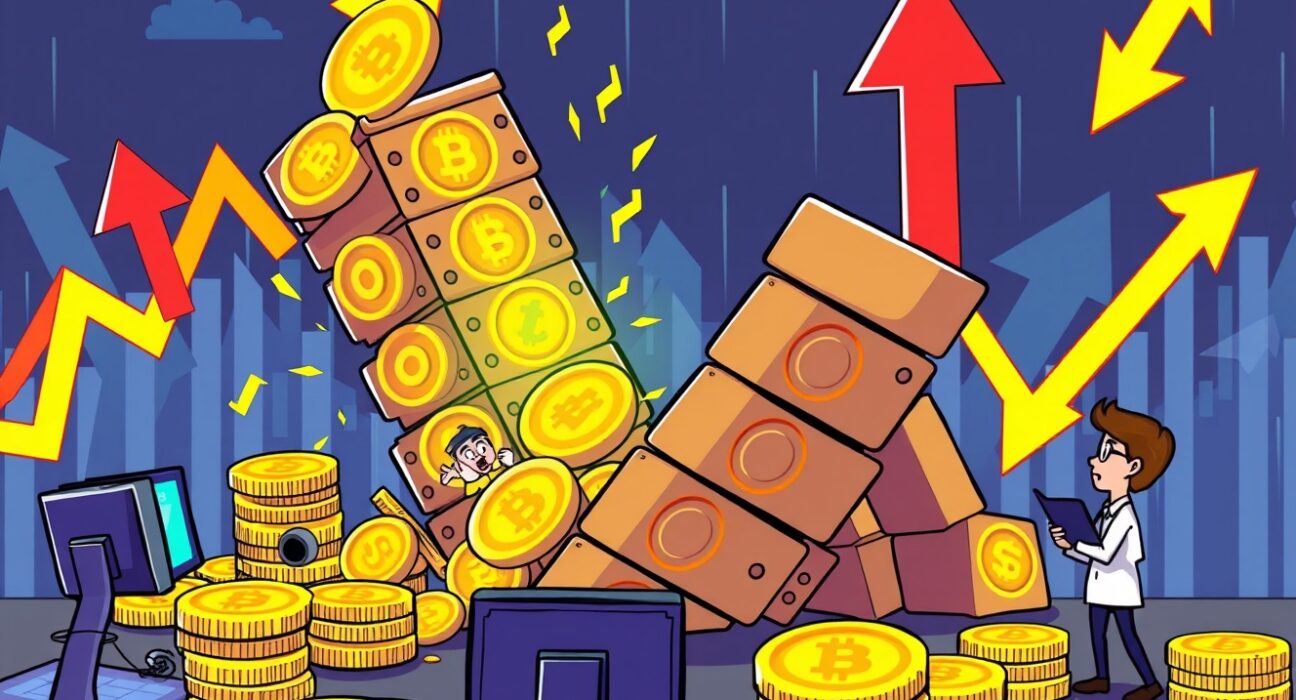 Dramatic cartoon illustration of futures liquidated showing digital assets collapsing in a volatile market.