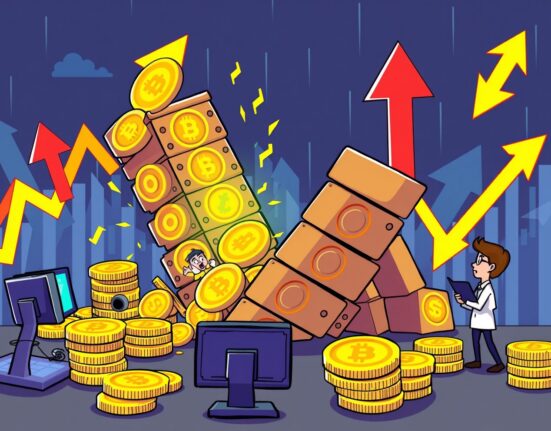 Dramatic cartoon illustration of futures liquidated showing digital assets collapsing in a volatile market.