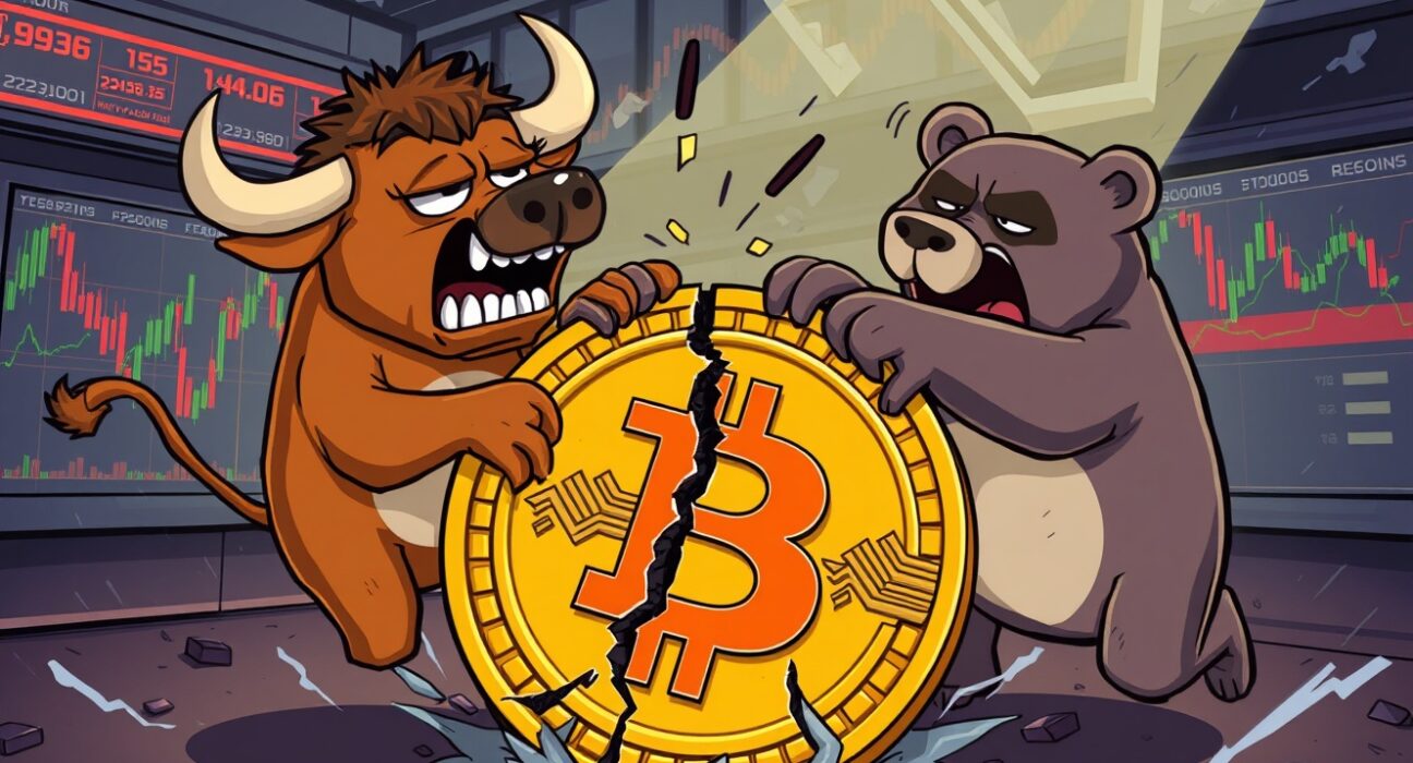 Cartoon illustration of massive futures liquidated causing market turmoil with a bull and bear fighting.