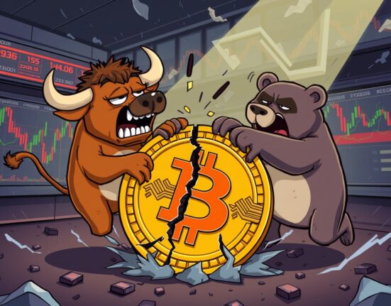 Cartoon illustration of massive futures liquidated causing market turmoil with a bull and bear fighting.