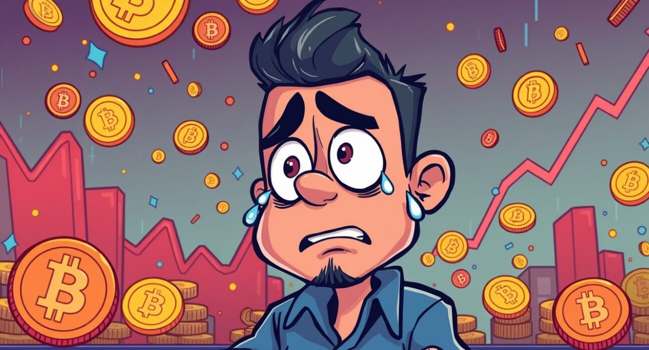 Cartoon illustration showing dramatic futures liquidated scenario with falling cryptocurrency charts