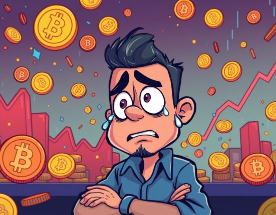 Cartoon illustration showing dramatic futures liquidated scenario with falling cryptocurrency charts