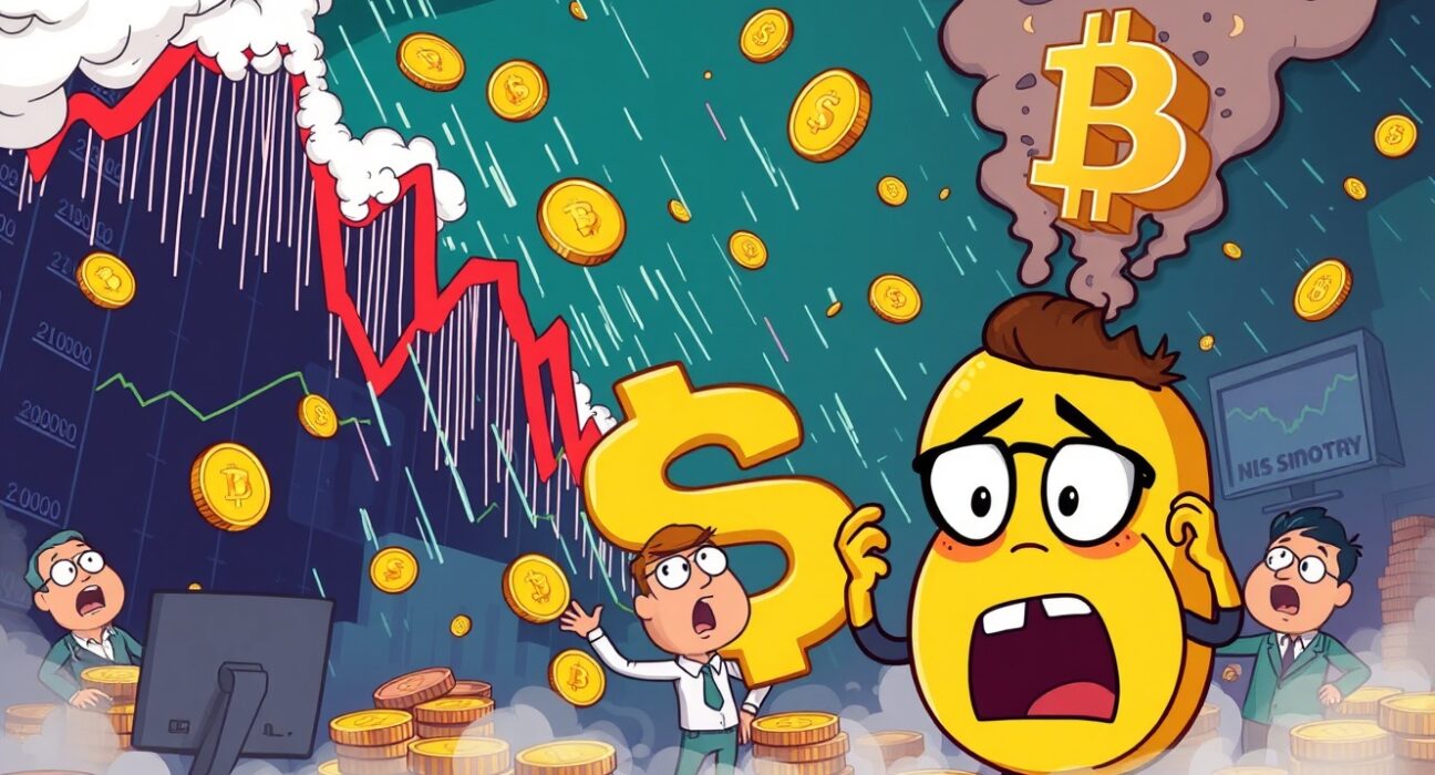 Dramatic cartoon showing futures liquidated during cryptocurrency market volatility with falling coins and charts
