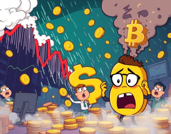 Dramatic cartoon showing futures liquidated during cryptocurrency market volatility with falling coins and charts