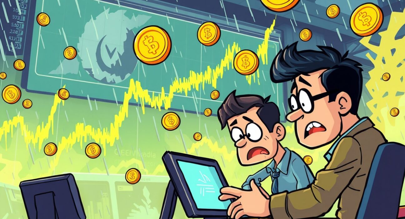 Dramatic cartoon showing massive futures liquidated during cryptocurrency market volatility with falling charts