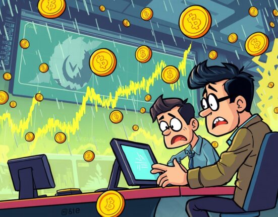 Dramatic cartoon showing massive futures liquidated during cryptocurrency market volatility with falling charts