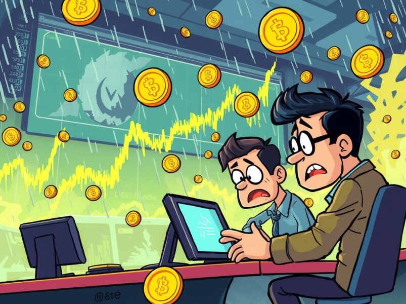 Dramatic cartoon showing massive futures liquidated during cryptocurrency market volatility with falling charts