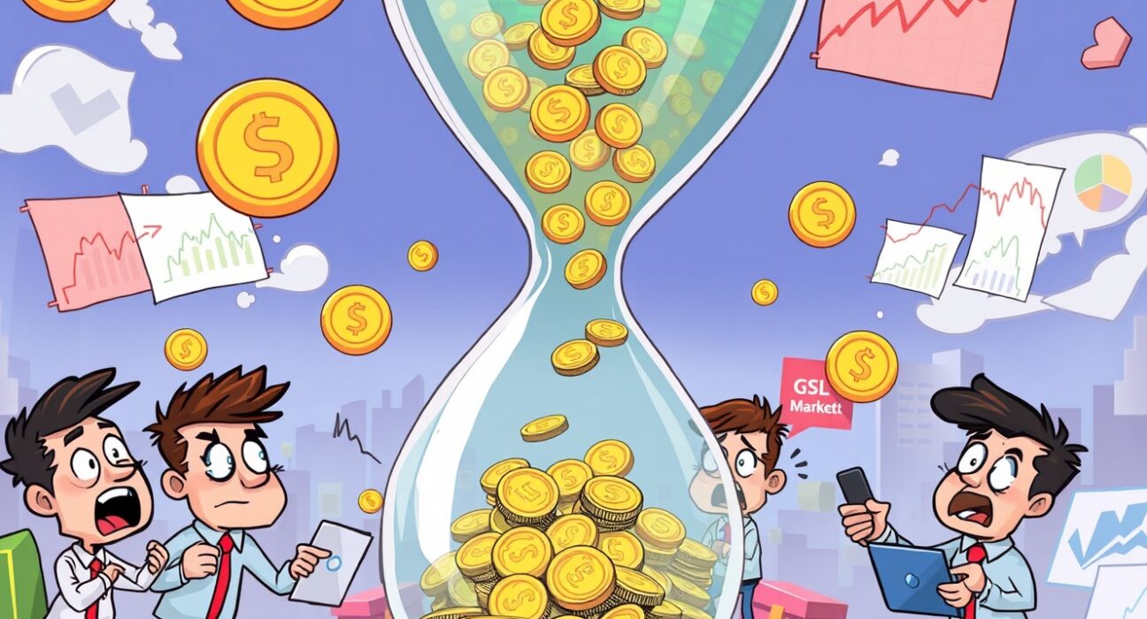 Cartoon illustration of rapid futures liquidated in a volatile cryptocurrency market hourglass scene.