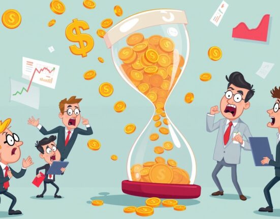 Animated scene of futures liquidated causing a dramatic market shakeup with coins flowing from an hourglass.