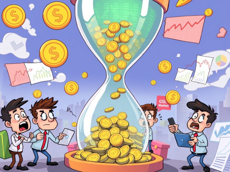 Animated scene of futures liquidated causing a dramatic market shakeup with coins flowing from an hourglass.