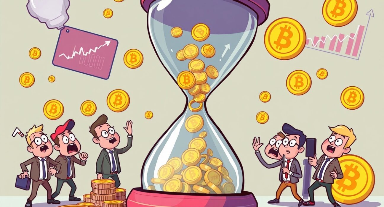 Cartoon illustration showing futures liquidated during intense cryptocurrency market volatility with coins pouring from an hourglass.