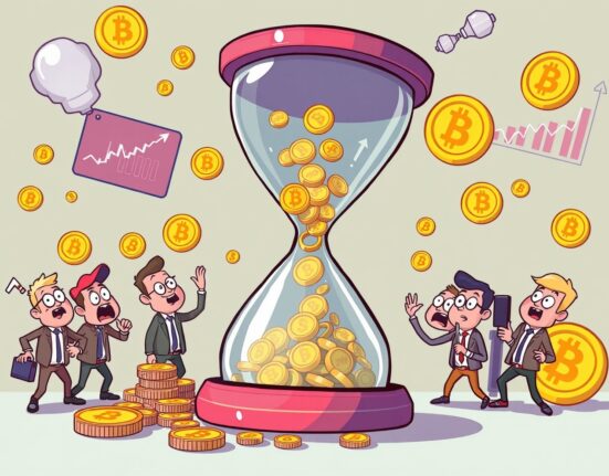 Cartoon illustration of chaotic market volatility during a major futures liquidated event.
