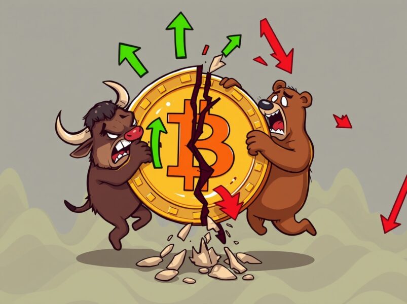 Cartoon illustration of chaotic market volatility during a major futures liquidated event.