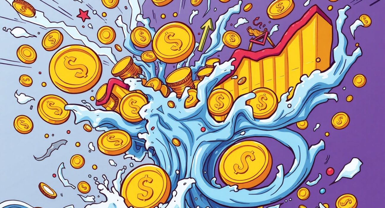Cartoon illustration showing futures liquidated in volatile cryptocurrency market storm