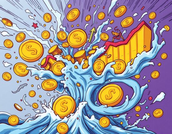 Cartoon illustration showing futures liquidated in volatile cryptocurrency market storm