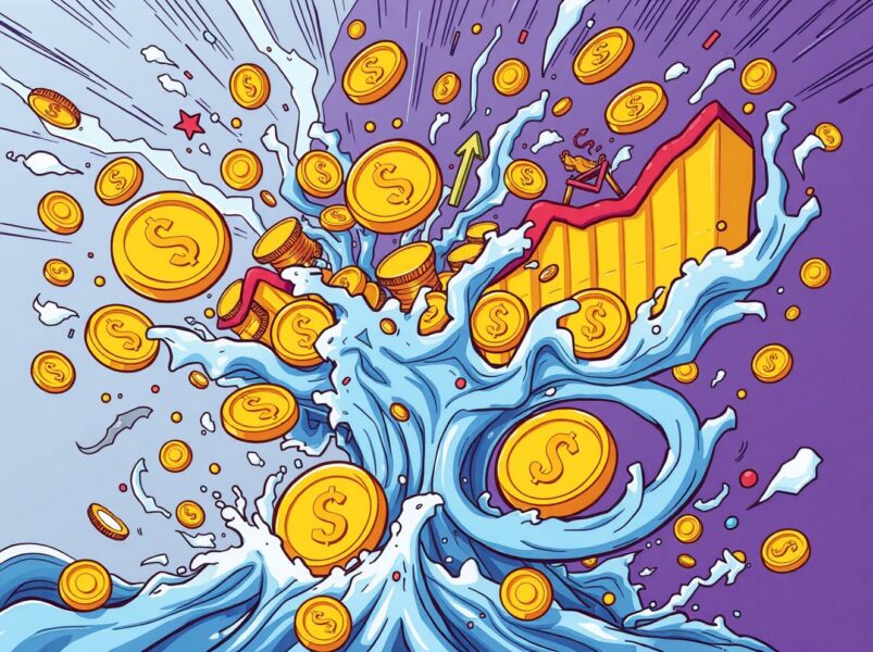 Cartoon illustration showing futures liquidated in volatile cryptocurrency market storm