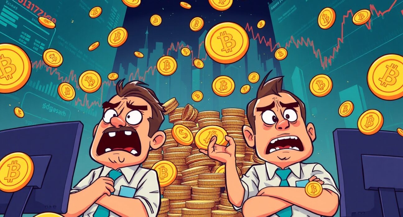 Dramatic cartoon showing futures liquidated during cryptocurrency market volatility with traders in distress