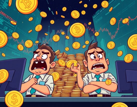 Dramatic cartoon showing futures liquidated during cryptocurrency market volatility with traders in distress