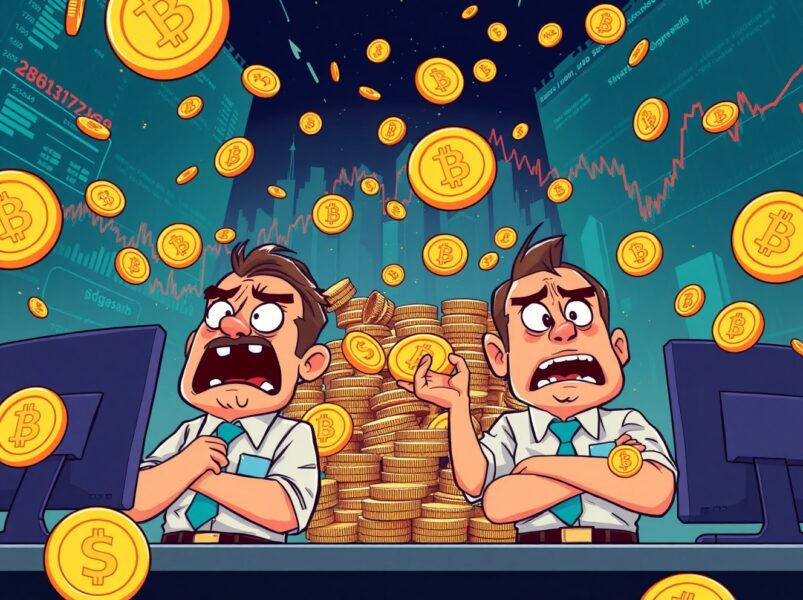 Dramatic cartoon showing futures liquidated during cryptocurrency market volatility with traders in distress