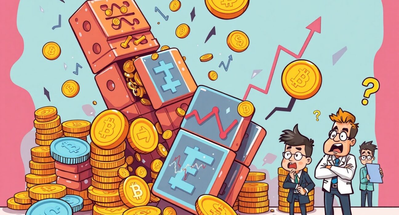 Dramatic cartoon showing massive futures liquidated during cryptocurrency market storm