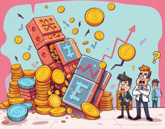 Dramatic cartoon showing futures liquidated during cryptocurrency market volatility with traders reacting to massive price drops