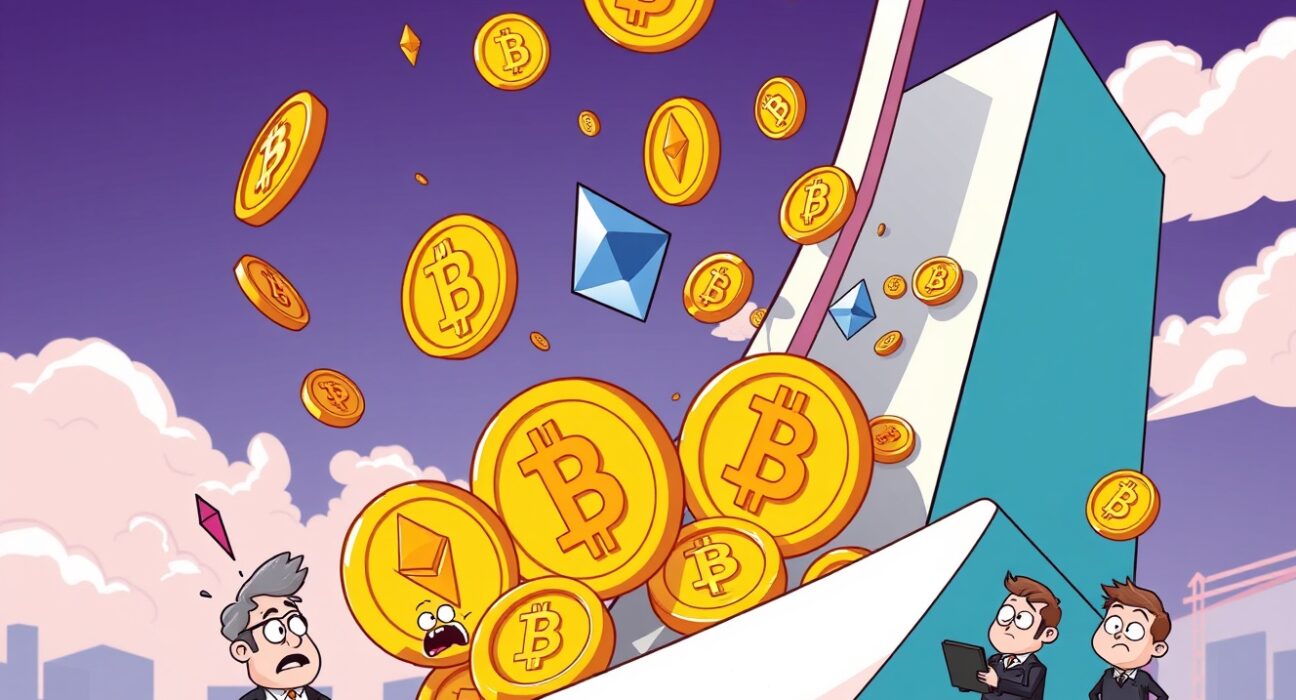 Dramatic cartoon showing futures liquidated as cryptocurrency coins tumble from crashing market graphs