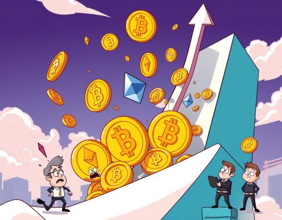 Dramatic cartoon showing futures liquidated as cryptocurrency coins tumble from crashing market graphs