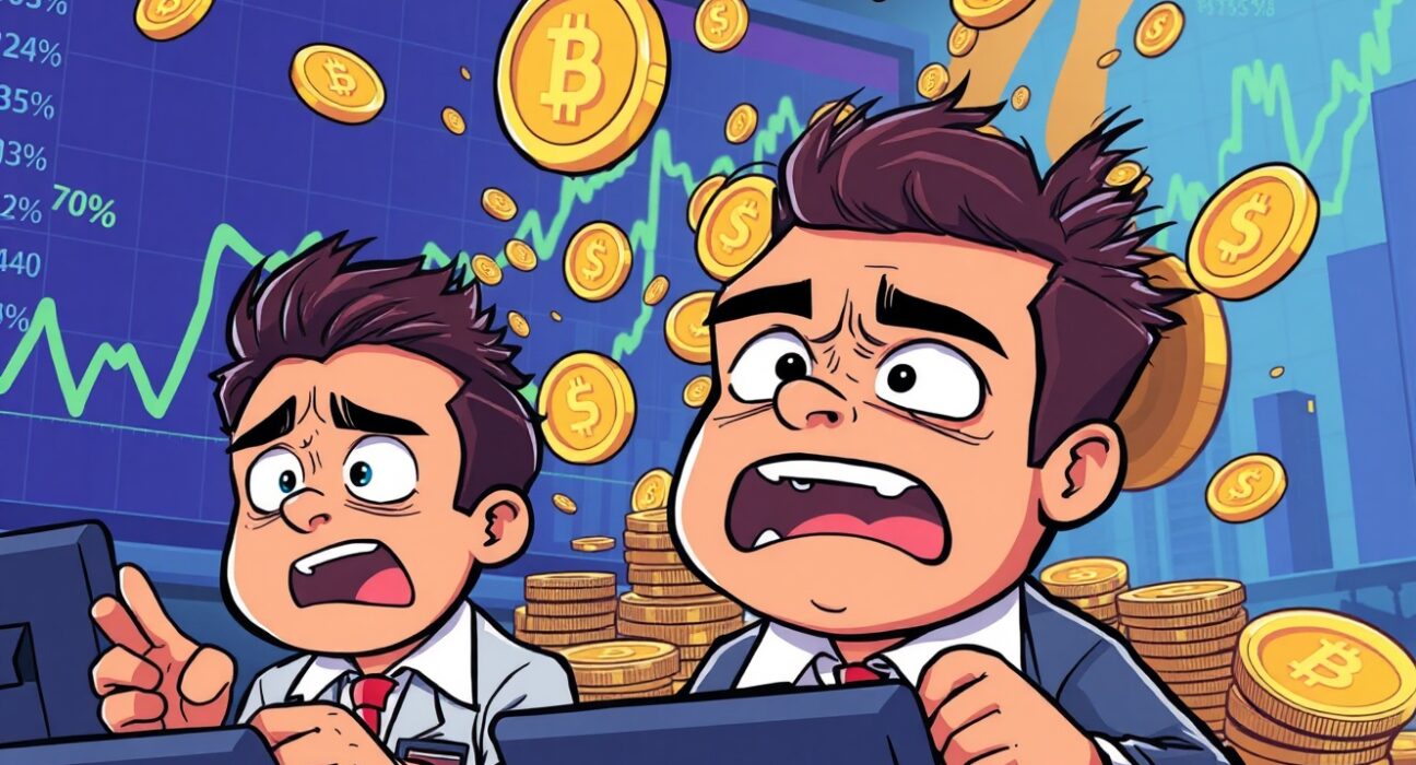 Dramatic futures liquidated scenario showing distressed traders watching cryptocurrency charts collapse