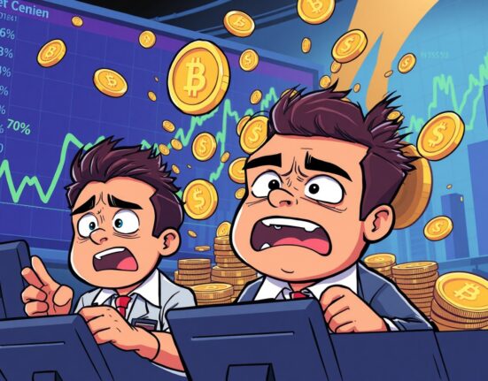 Dramatic futures liquidated scenario showing distressed traders watching cryptocurrency charts collapse