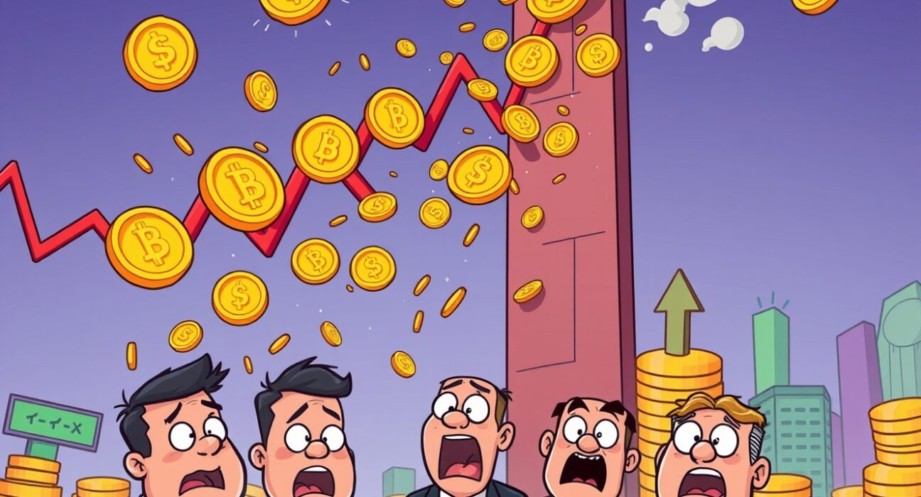 Dramatic cartoon illustration showing massive futures liquidated during cryptocurrency market volatility with falling digital coins