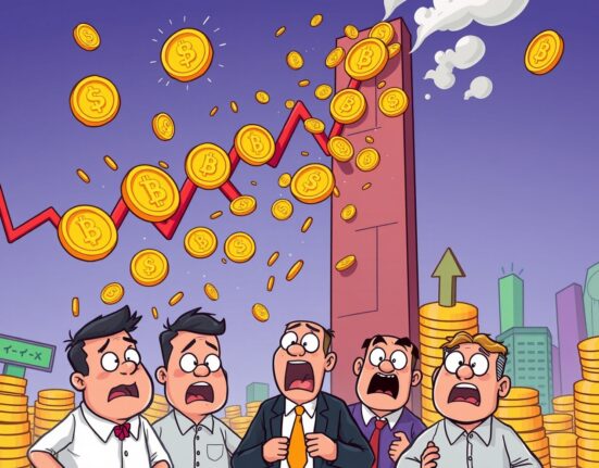 Dramatic cartoon showing massive futures liquidated during cryptocurrency market volatility with coins falling rapidly