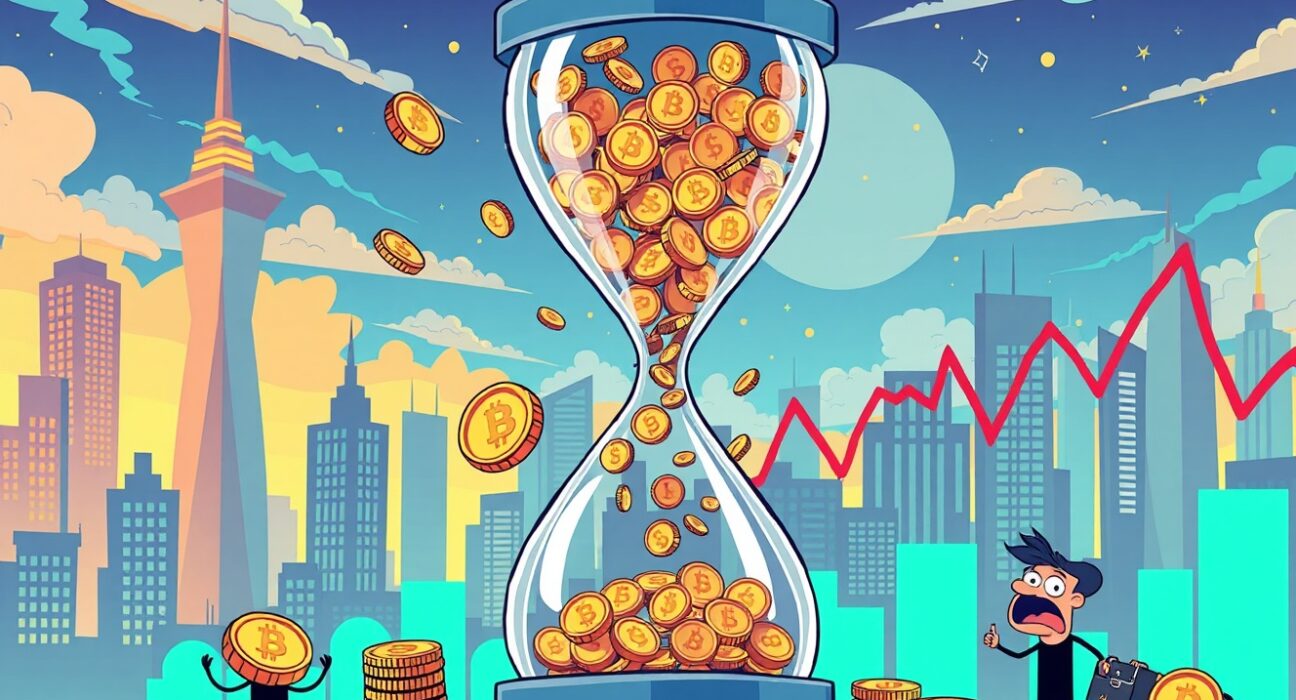 Cartoon illustration of futures liquidated showing digital coins cascading from an hourglass with traders reacting to market volatility.