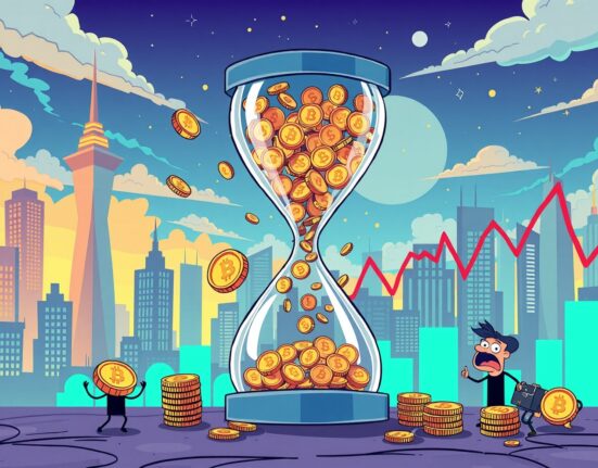 Cartoon illustration of futures liquidated showing digital coins cascading from an hourglass with traders reacting to market volatility.