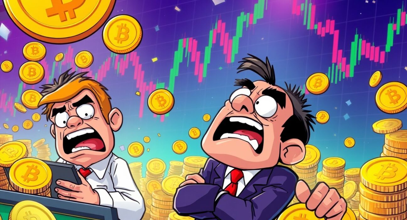 Dramatic futures liquidated scene showing cartoon traders reacting to market crash