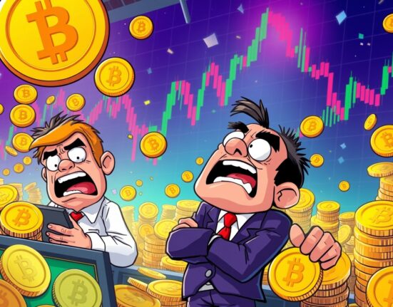 Dramatic futures liquidated scene showing cartoon traders reacting to market crash