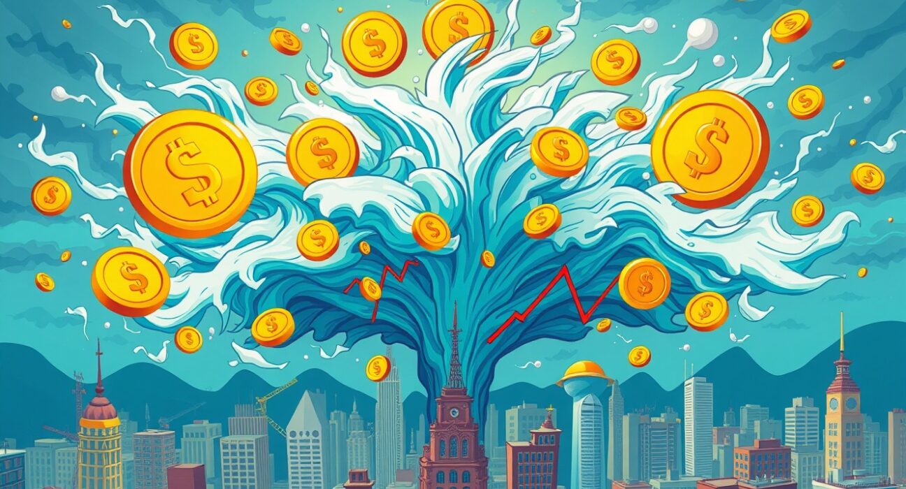 Dramatic cartoon showing futures liquidated during cryptocurrency market crash with traders reacting