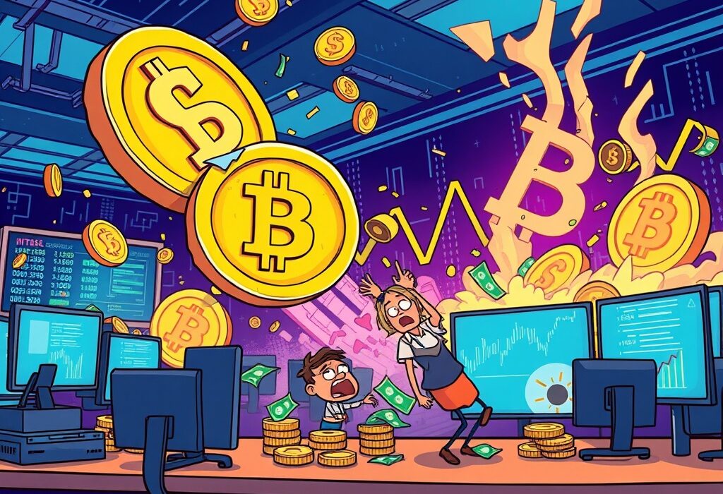 Cartoon illustration showing the impact of massive futures liquidation on cryptocurrency traders amidst market volatility.