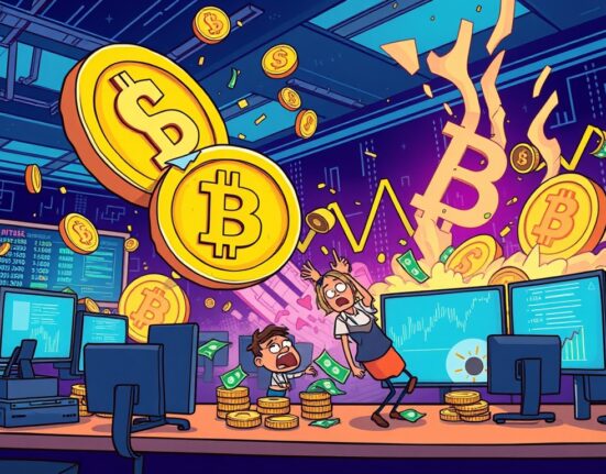 Cartoon illustration showing the impact of massive futures liquidation on cryptocurrency traders amidst market volatility.