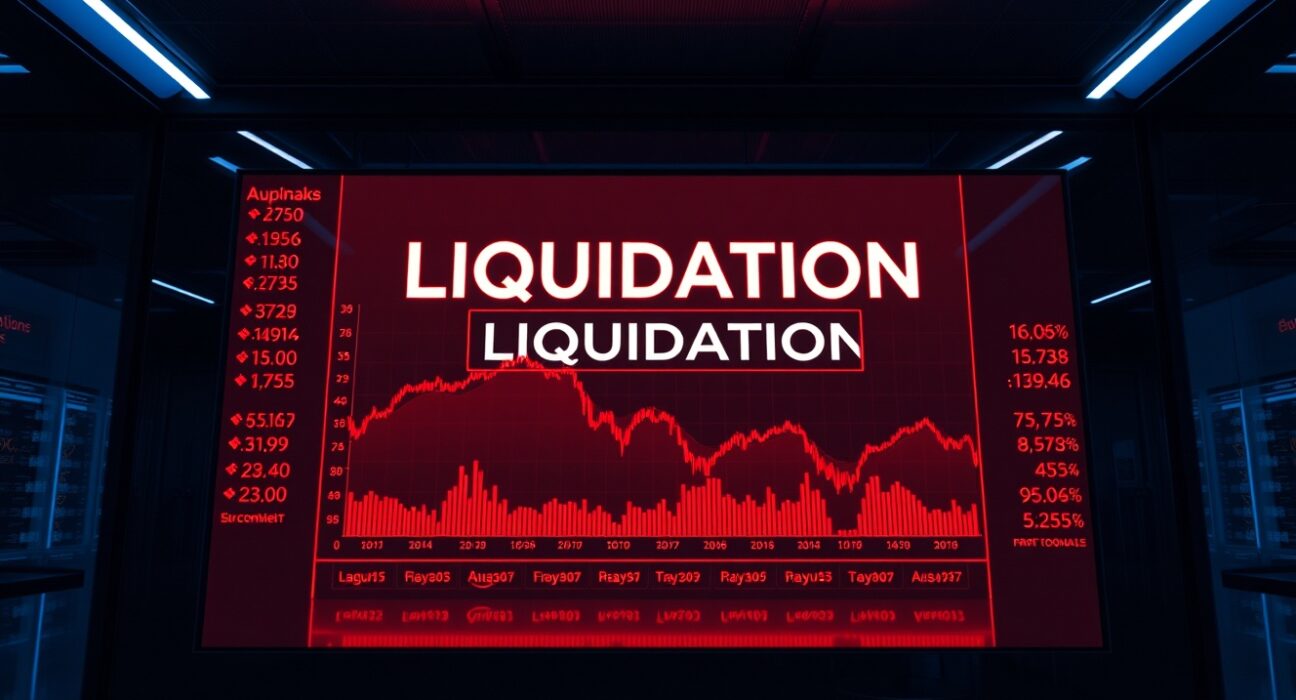 Red digital trading screen showing liquidation data with cascading numbers indicating a market downturn